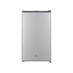 Tall stainless-steel single-door compact refrigerator/freezer with small feet at the base and a minimal front panel.