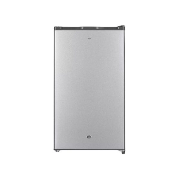 Tall stainless-steel single-door compact refrigerator/freezer with small feet at the base and a minimal front panel.