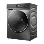 Front-loading washing machine in metallic gray with a large circular door and a digital control panel on top left.