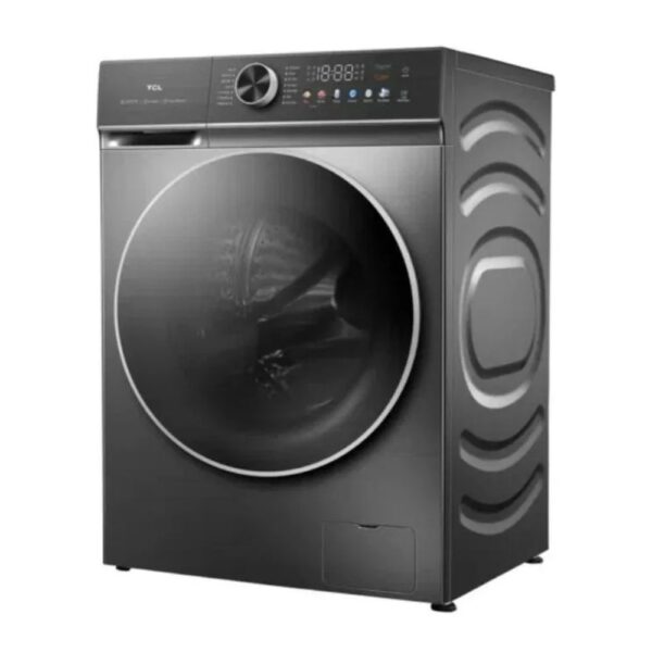 Front-loading washing machine in metallic gray with a large circular door and a digital control panel on top left.